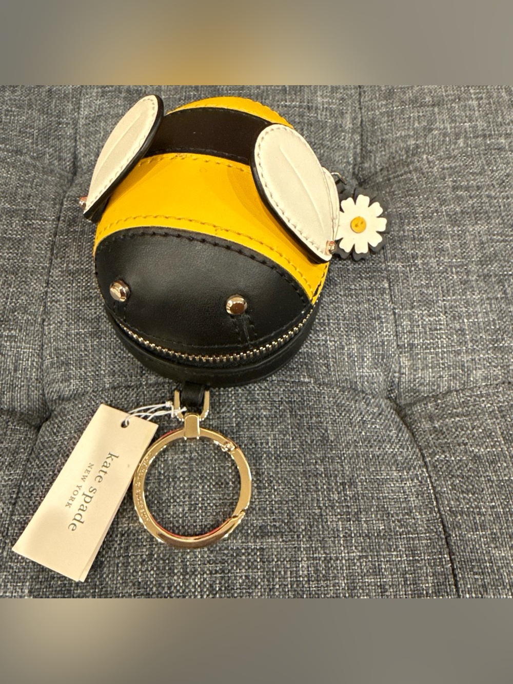 kate spade Yellow & Black Bee Coin Pouch Key Ring with White Daisy Accent